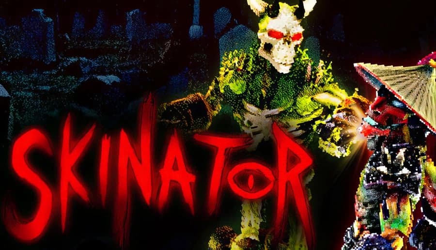Skinator: Skull-faced monster in mossy cloak faces armored warrior with conical hat, dark forest backdrop.
