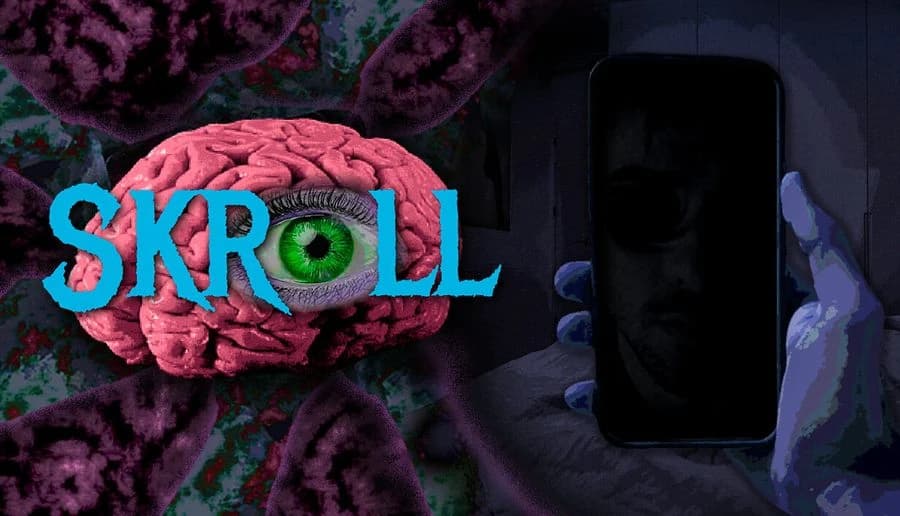 SKROLL: Pink brain with green eye on left; shadowy man holds a smartphone near his face in dark room.
