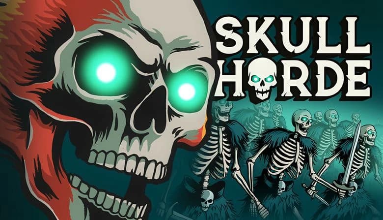 Skull Horde: Giant skull with glowing eyes leads sword-wielding skeleton army in dark setting with red and green hues.