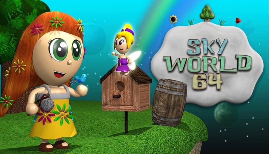SKY WORLD 64: Two cartoon fairies with bright dresses and wings hover near a floating island with trees and a rainbow.