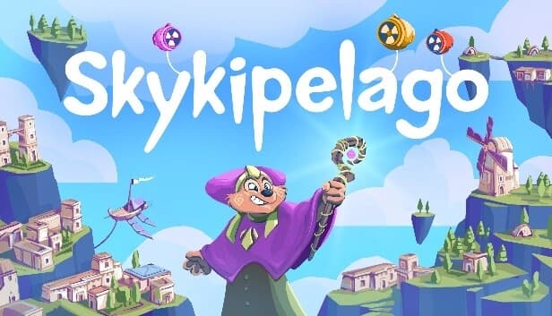 An anthropomorphic ferret in a purple cape, holds a glowing staff amidst floating islands and cities.