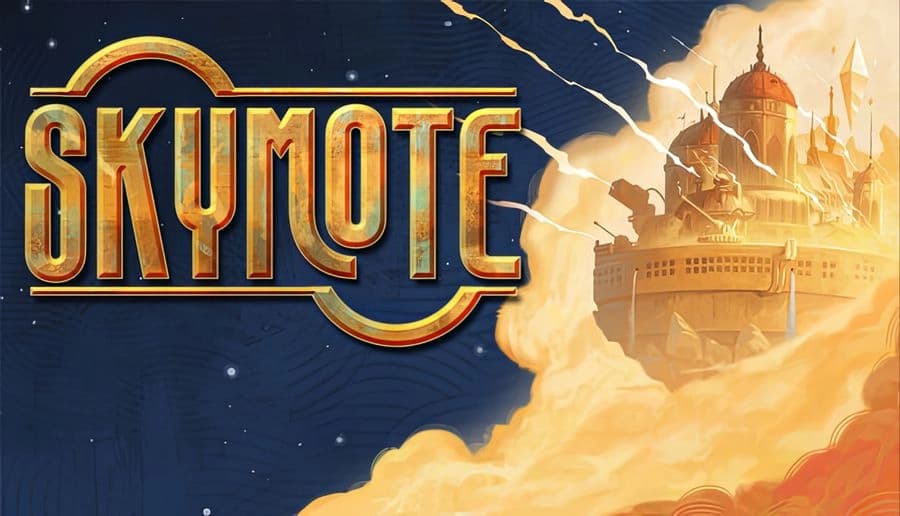 Skymote: Gold title over starry sky and a floating castle on clouds, lit by lightning and warm sunset glow.
