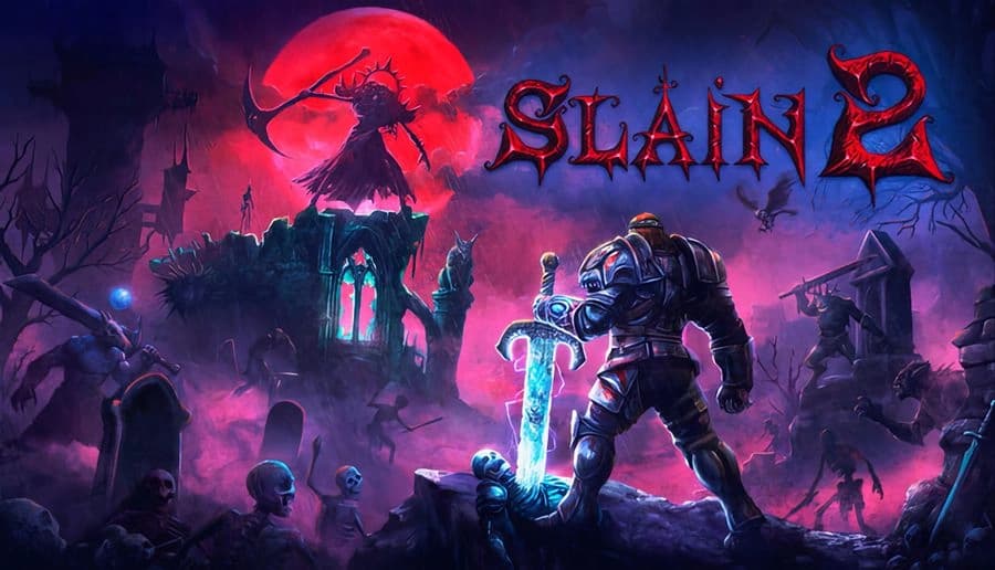 Slain 2: Armored warrior grips glowing sword amid graveyard ruins under a red moon, skeletal enemies nearby.