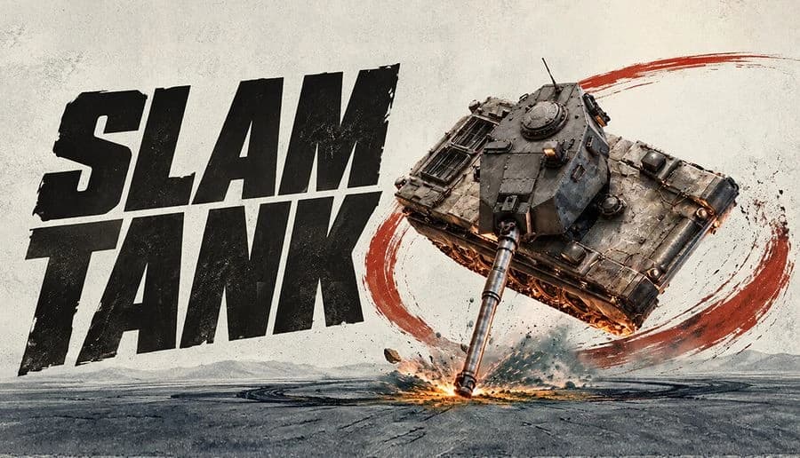 SLAM TANK: Battle-worn tank skids, swinging its cannon into the ground with sparks, on a white paint-splattered backdrop.