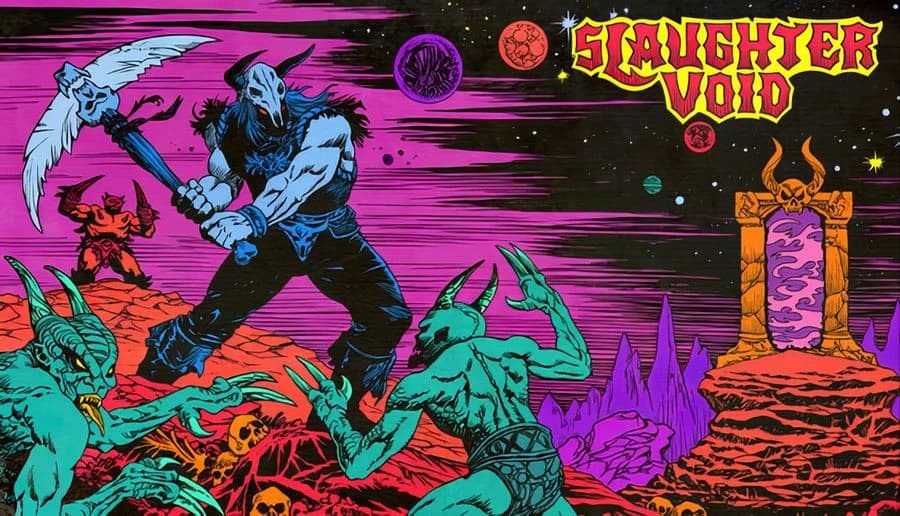 Slaughter Void: blue-skinned warrior swings axe at green monsters on alien red rocks under purple sky, portal nearby.