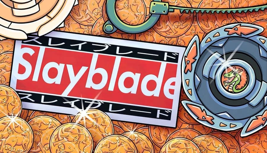 Slayblade: Spinning battle-top with green lizard emblem beside game title panel on orange patterned background.