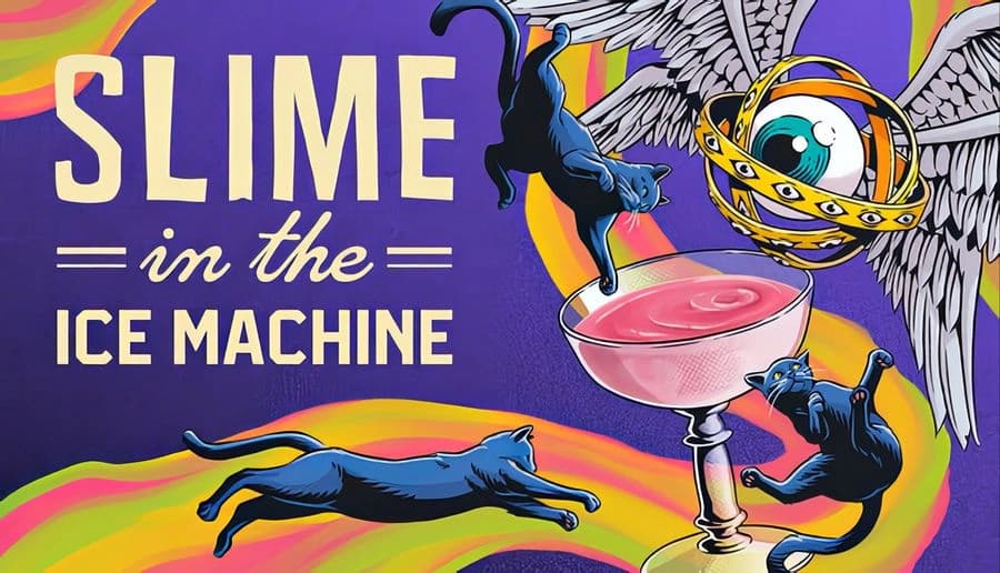 Slime in the Ice Machine: three black cats tumble around a pink cocktail glass on a purple background with wavy stripes.
