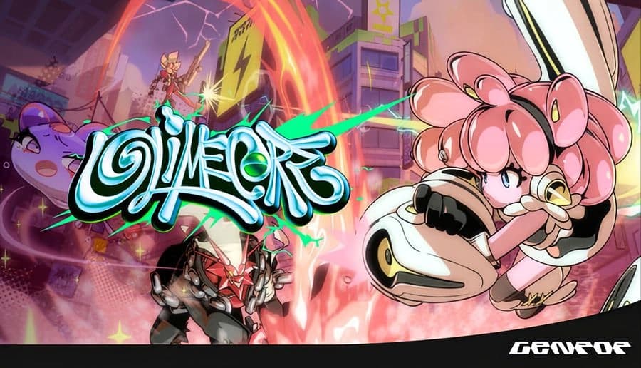 SLiMECORE: pink-haired young woman firing a blaster from hover bike, neon city street with armored foes and flames.