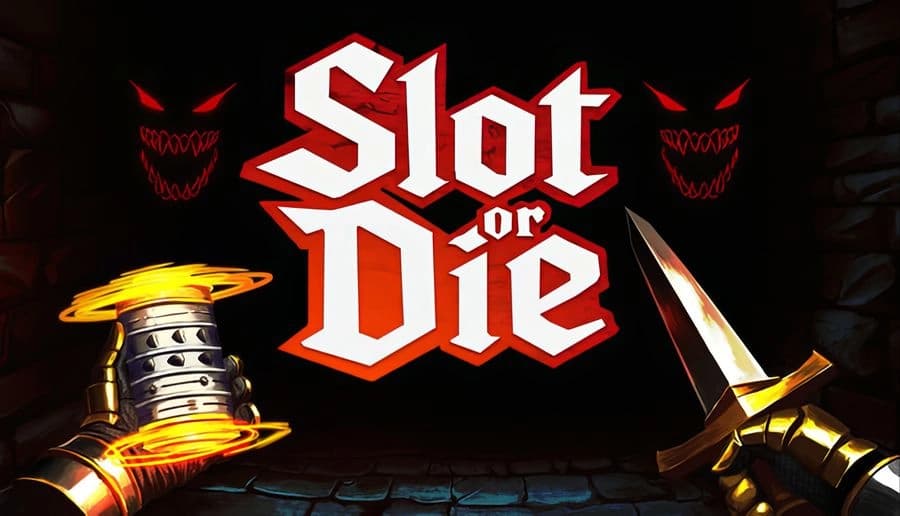 Slot or Die: armored knight grips glowing slot-machine relic and sword in dark stone dungeon corridor backdrop.
