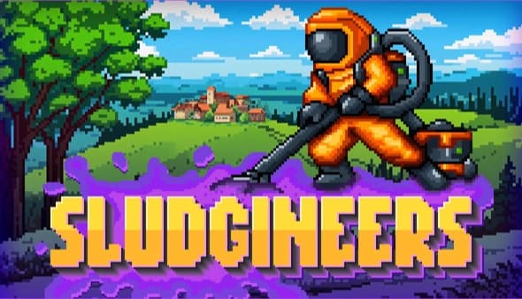 Sludgineers: orange-suited worker vacuums purple sludge on grassy hills near trees, with a small town backdrop.
