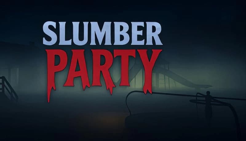 Slumber Party: Silhouette of a person stands near a playground at night, surrounded by fog and a distant slide in shadow.