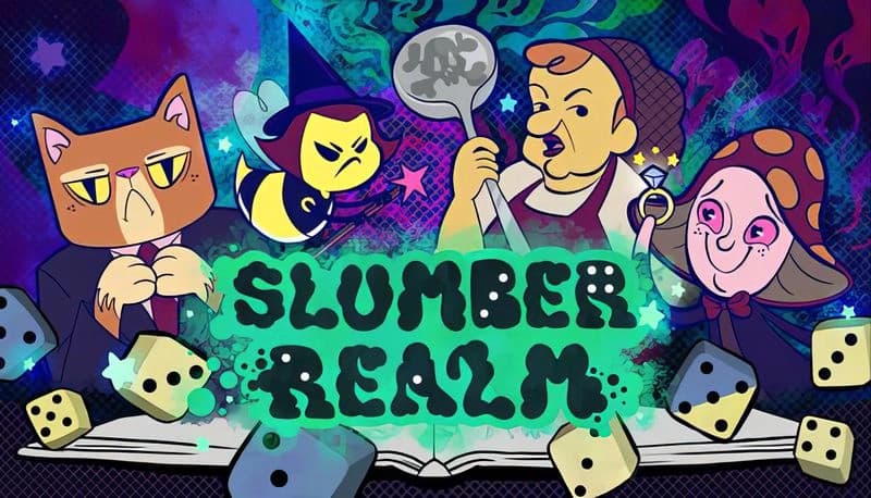 Slumber Realm Demo: Anthropomorphic cat, bee witch, chef, and mushroom character surround dice on open book in colorful scene.