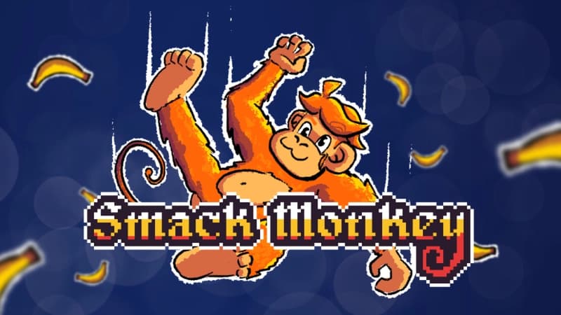 An orange cartoon monkey is mid-air, surrounded by flying bananas on a dark blue background.