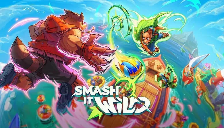 A muscular humanoid raccoon with red glow deflects a volleyball struck by a green-glowing dog above a ship at sea.