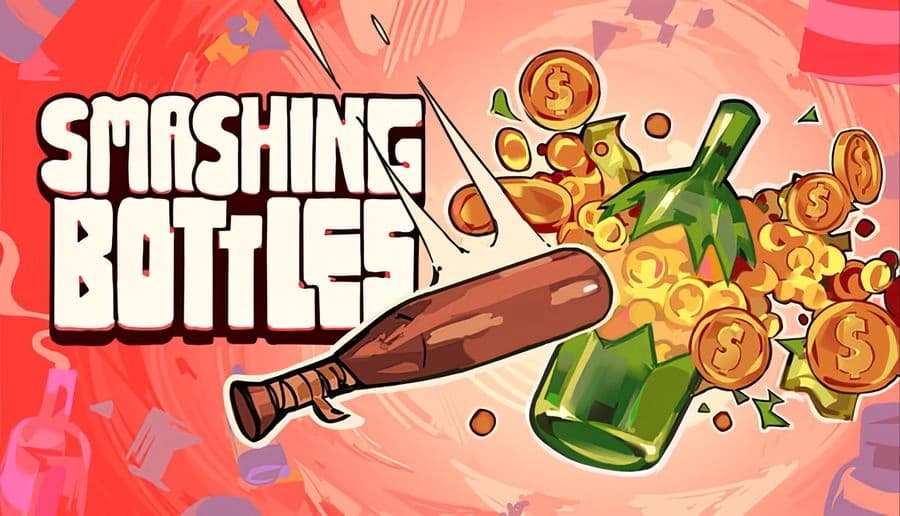 Smashing Bottles: Wooden bat smashing green glass bottle, shards and gold coins flying across pink background scene.