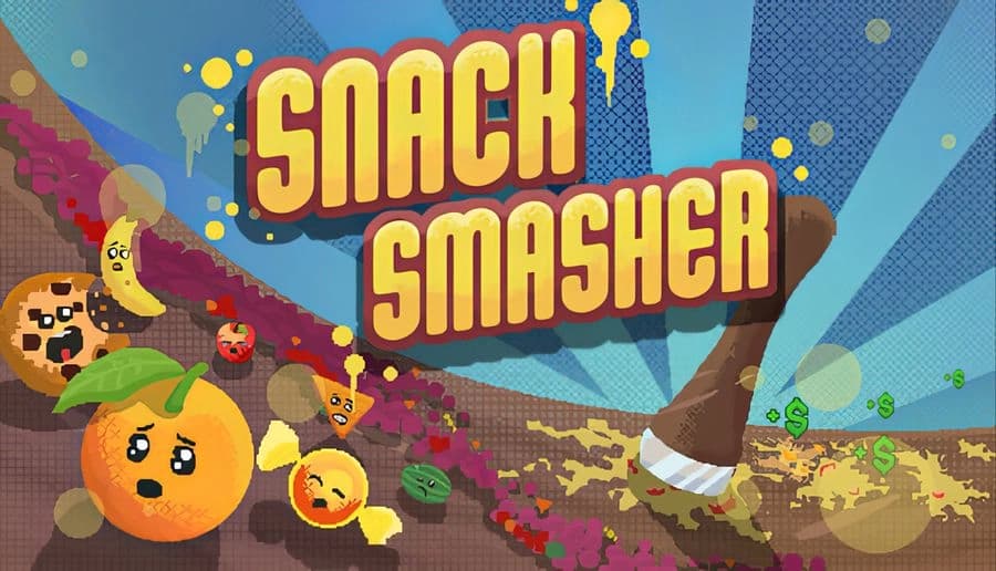 Snack Smasher: cartoon snacks and fruit splatter as a giant wooden mallet slams down on a pixel landscape.