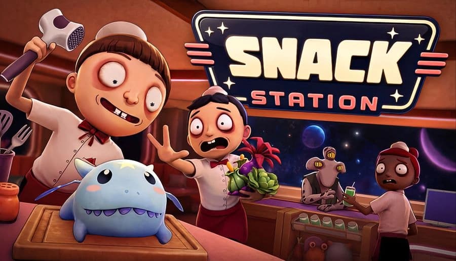 Snack Station Co-op Simulator: panicked snack bar crew with critter and cleaver behind counter in neon space diner.