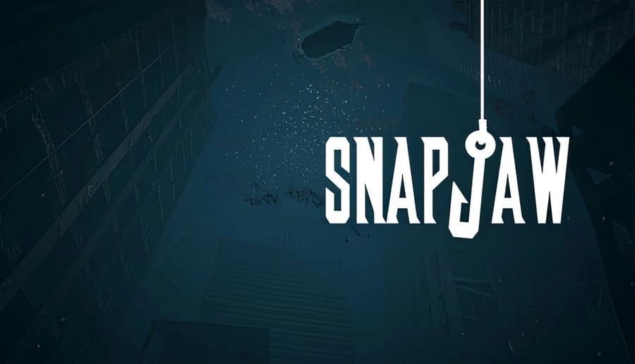 SNAP JAW: White title letters with a fishhook forming the J on dark ocean water background with faint waves.