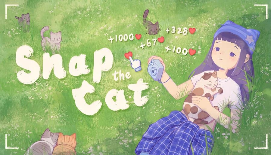 Snap the Cat: Young woman snaps a photo while cuddling a calico cat on grass, cats roaming in a green field.