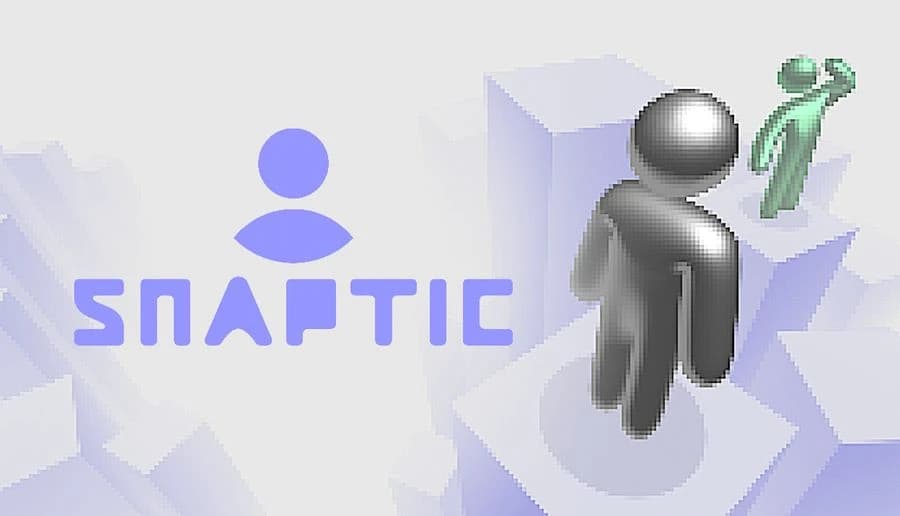 SNAPTIC: Gray faceless 3D man walks toward a green figure on stacked white cubes in a pale geometric space.