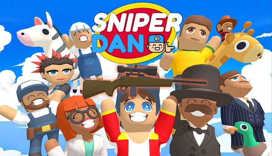Sniper Dan: Smiling cartoon townsfolk crowd around a boy holding a huge sniper scope against a bright blue sky.