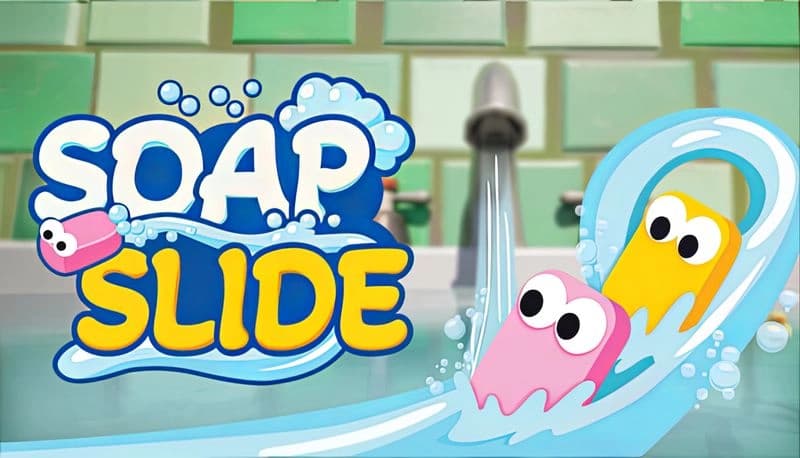 Soap Slide: Pink and yellow soap bars with eyes splash down a watery slide in a bathroom with green tiled walls.