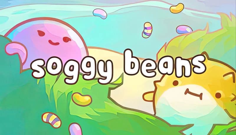Soggy Beans: Smiling pink blob and yellow pufferfish in colorful seascape, surrounded by floating jelly beans in aquarium.
