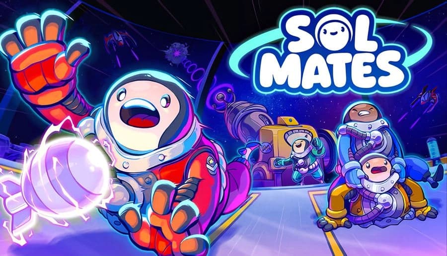 Sol Mates: Cartoon astronauts in colorful suits float and explore a vibrant spaceship interior with playful determination.