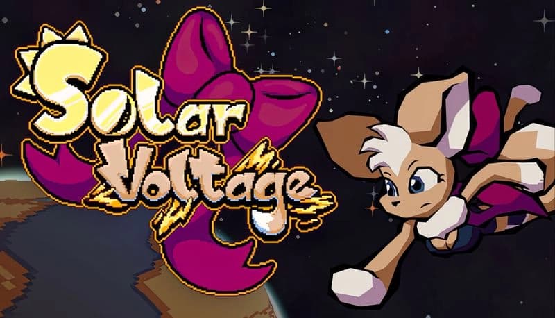 Solar Voltage: Anthropomorphic girl with large ears and white tuft flies through space with stars and planet in background.