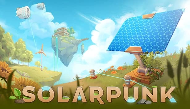 A large solar panel stands in the foreground; floating islands and wind turbines appear in the sky.