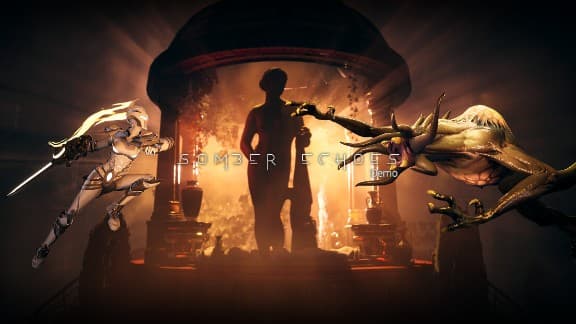 Somber Echoes: Female warrior in silver armor battles large clawed creature in dimly lit sci-fi setting, dramatic style.