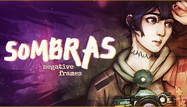 SOMBRAS: Young woman raises hand to shade her eyes, holding camera, against purple smoky backdrop with light streaks.