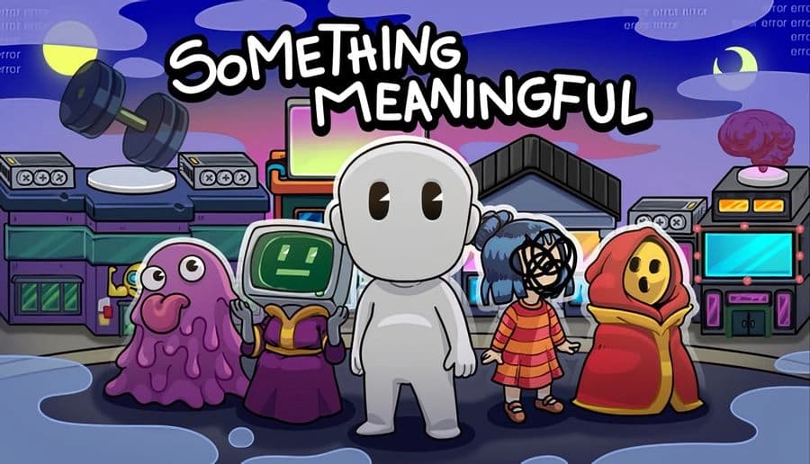 Something Meaningful: White faceless figure with cartoon friends in front of a neon arcade street at night under stars.