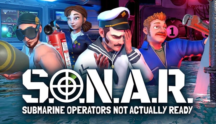 S.O.N.A.R.: Four submarine crew pose with torpedo, extinguisher, binoculars, and phone inside control room.