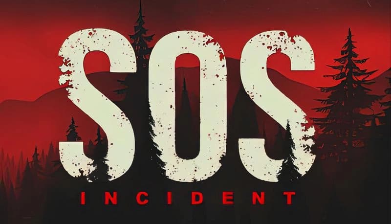 SOS Incident: Red sky with black silhouettes of pine trees, creating an eerie forest backdrop under large bold title.