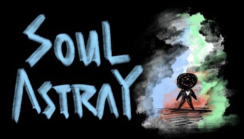 Soul Astray: Scribbled dark figure with white heart stands before swirling colorful mist, contrasting black backdrop.