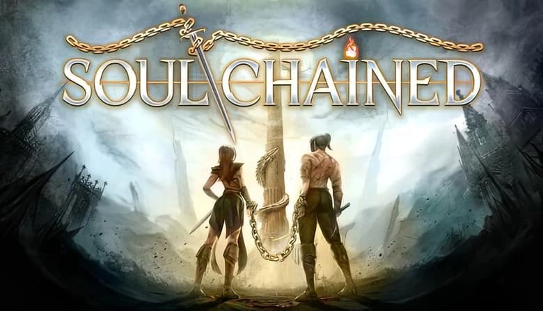 Soul Chained: Male and female warriors chained together stand ready with swords against a misty, ruined city backdrop.