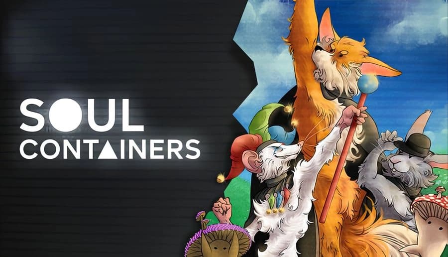 Soul Containers: anthropomorphic mouse magician holds staff beside tall orange fox in forest clearing under clouds.
