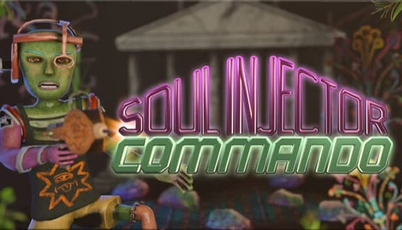 Soul Injector Commando: green-skinned alien holds a bread loaf and stares ahead inside a neon-lit sci-fi room.
