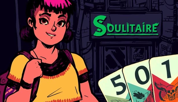 Young woman with pink-streaked hair and backpack stands confidently beside tarot-like cards.