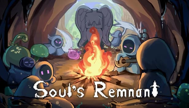 Robed figures with glowing eyes gather around a campfire in a cozy cave with a headless stone angel statue.