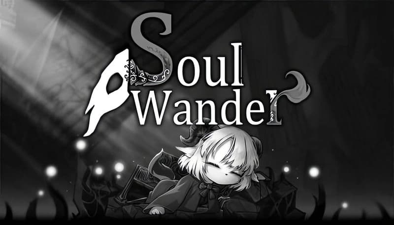 SoulWander: Young girl with white hair and horns rests among shadowy tendrils, glowing orbs illuminate the dark scene.