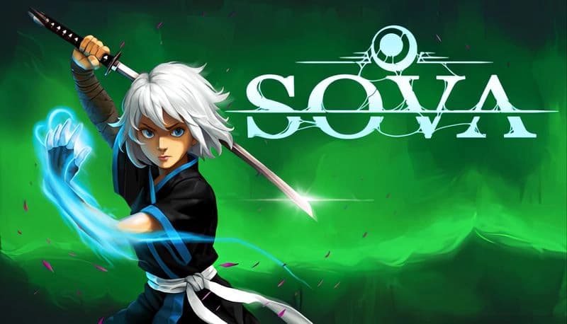Sova: Young warrior with white hair in a black robe holds a glowing sword, surrounded by swirling green energy and petals.