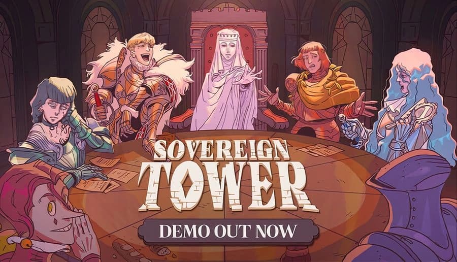 Sovereign Tower: Four fantasy knights seated at a round table in a stone hall, gesturing as they talk under arches.