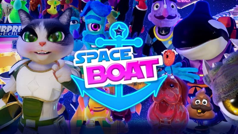 Anthropomorphic cat in futuristic armor poses with colorful alien creatures on vibrant space cruise ship.