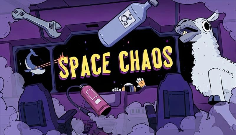 Space Chaos: Cartoon llama and dolphin panic in a spaceship cockpit filled with floating tools and fire extinguisher.