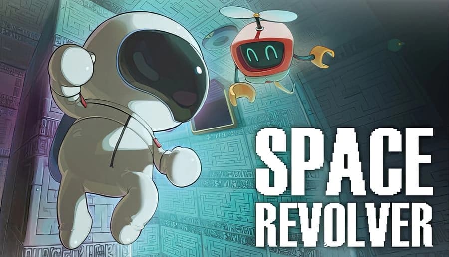 Space Revolver: astronaut in white suit drifts beside blue circuit walls as small robot hovers with open chest panel.