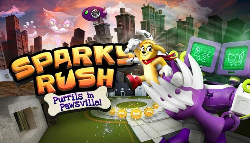 Sparky Rush: Sparky rides a robotic hand through a cityscape, pursued by a giant ghostly cat with glowing eyes in the sky.