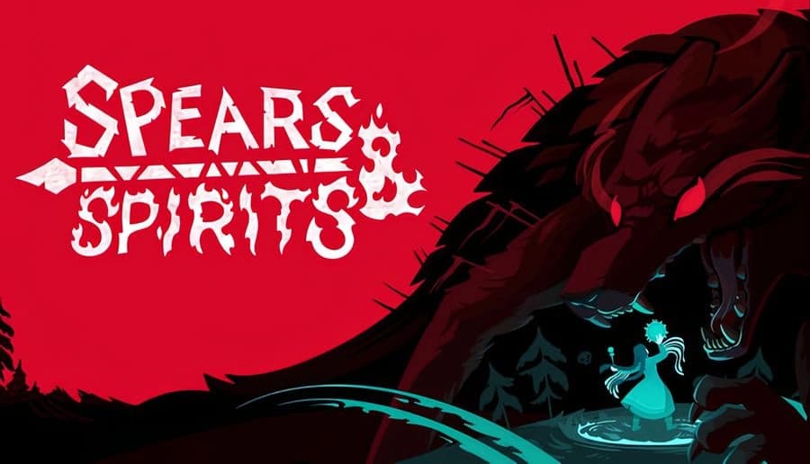 Spears & Spirits: young girl shaman raising glowing spirit orb before shadowed beast silhouette in red-black void.