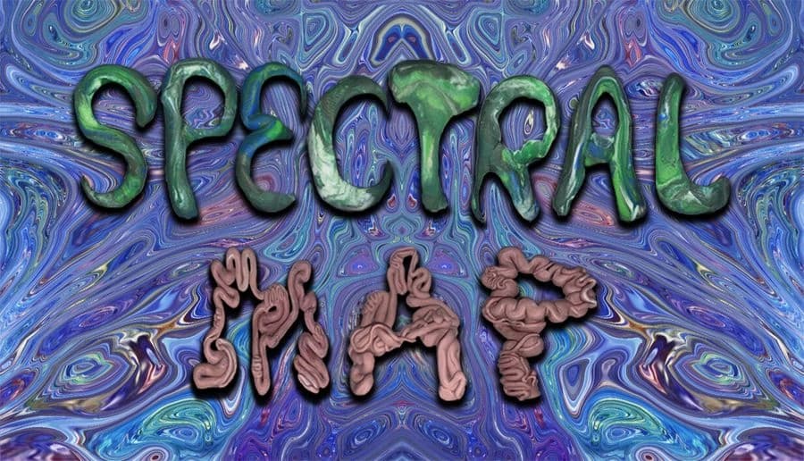 Spectral Map: green screaming face with bulging eyes and red tongue against swirling psychedelic marbled backdrop.